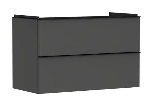Waschtischunterschrank in diamantgrau mit zwei Schubkästen. Das schlichte Design ist typisch für Produkte von Hansgrohe und eignet sich für moderne Badezimmer.